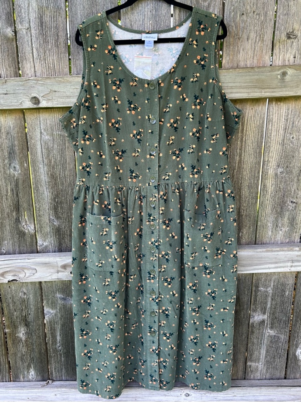 Vermont Country Store Corduroy Sleeveless Jumper Dress Womens 2X Green Floral